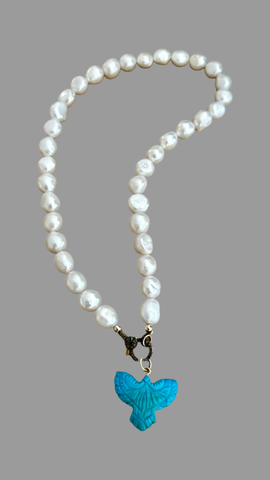 14k Gold Turquoise Bird Pendant Necklace with Baroque Pearls