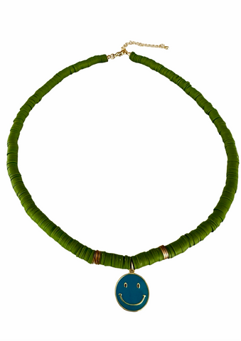 Smiley Face & Heishi Clay Disc Beaded Necklace