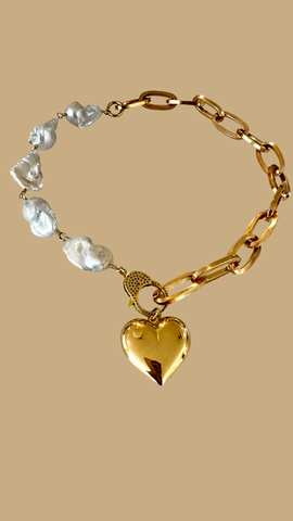 Puffy Heart & Baroque Pearl Brass Necklace