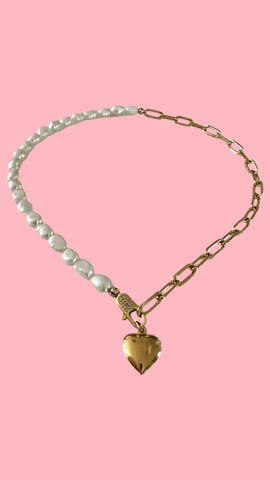 Golden Heart and Pearl Necklace