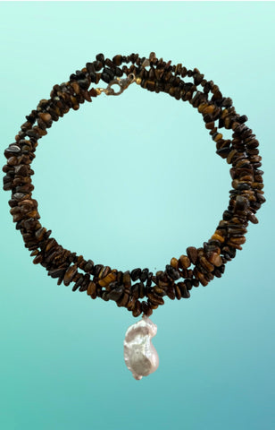 Tiger Eye Beads & Baroque Pearl Pendant Necklace