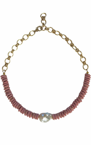 Baroque Pearl and Pink Ashanti Glass Bead Necklace