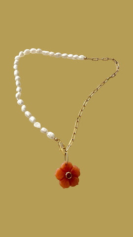 Pink Opal Flower and Pearl Gold Necklace