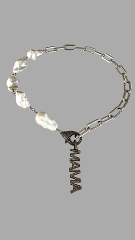 MAMA Pavé Diamond & Baroque Pearl Sterling Necklace