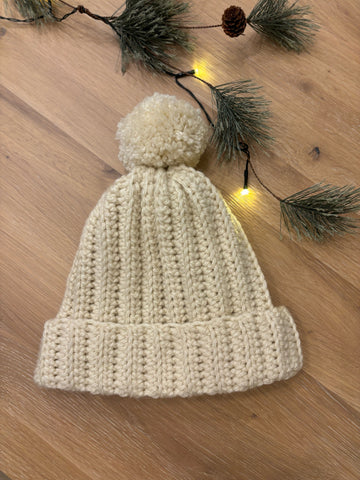 Ivory Pom-Pom Ribbed Knit Beanie