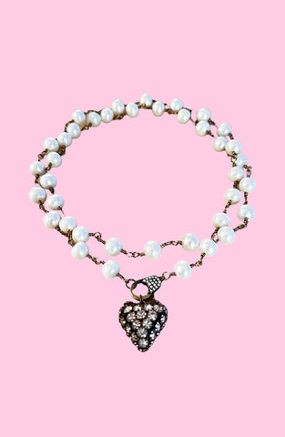 Rhinestone Puffy Heart & Pearl Necklace