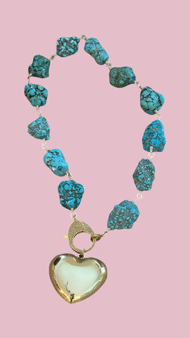 Golden Heart & Turquoise Nugget Necklace